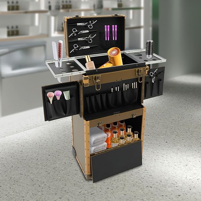 Rolling Hairdressing Case - Professional Makeup Train Case with Dual Password Locks, Cosmetic Organizer for Salon/Barber/Nail Artists (Gold)