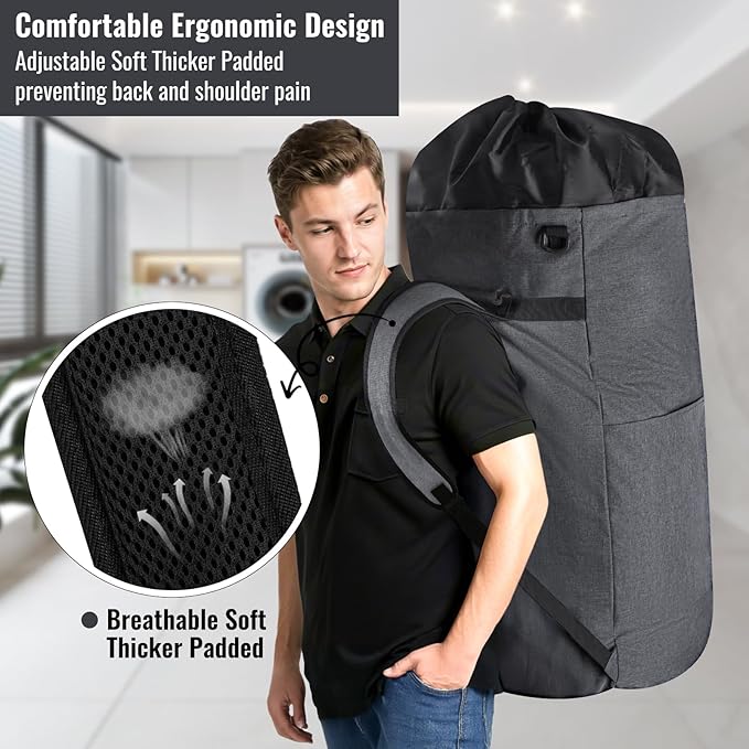 Laundry Bag Backpack, 125L Extra Large Laundry Backpack with Shoulder Straps, Adjustable Extendable Laundry Hamper Bag with 3 Pockets for College, Travel, Camping (Dark Gray)