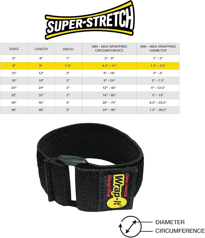 Super-Stretch Wrap-It Storage Straps - 9" (10 Pack) - Elastic Cinch Straps for Extension Cord Management, Cable Storage, Hose Organizer with Hook and Loop Closure to Strap Your Hose, Rope, and More