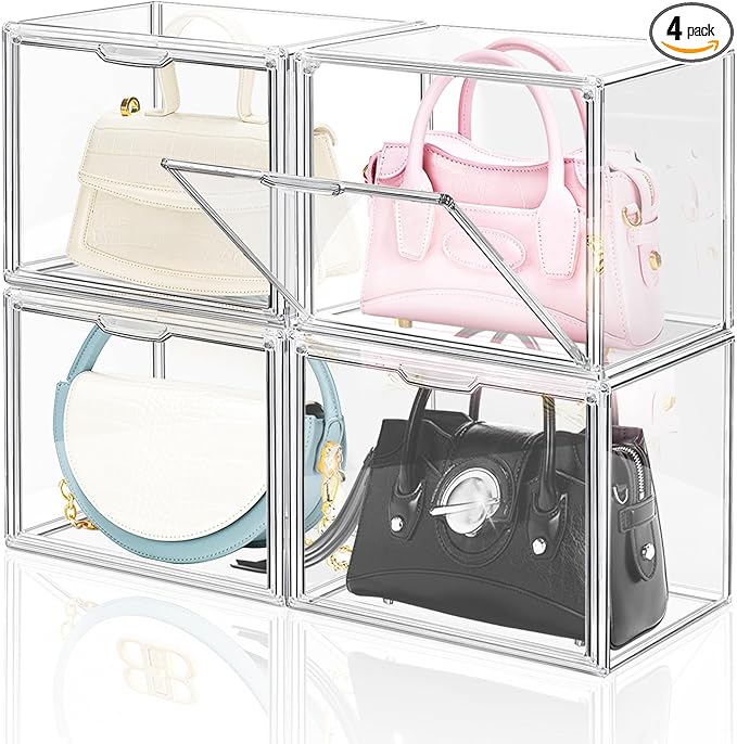 DILIBRA 4 Packs Clear Plastic Handbag Storage Organizer for Closet, Small Acrylic Display Box for Handbag, Stackable Storage Boxes Bag Organizer with Magnetic Door for Purse Clutch Wallet Book