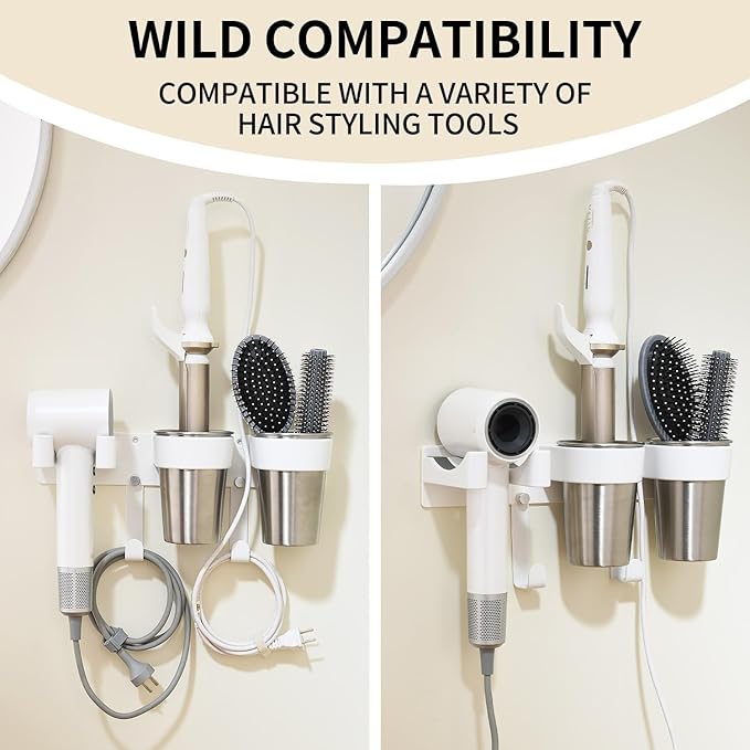 Hot Tools Organizer, Hair Tool Organizer Wall Mount Aluminum Alloy, Space-Saving Curling Iron Holder for Vanity & Bathroom with Stainless Steel Cups White CHOCHOYAH