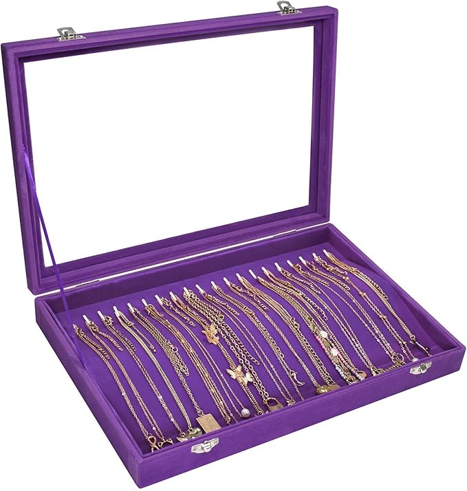 Necklace Organizer Box Premium 20 Hooks Velvet Necklace Display Jewelry Tray with Transparent Lid Jewelry Necklace Display Box for Necklace Pendants Suitable for Women and Girls (Purple)