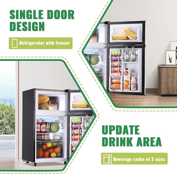 WANAI Mini Fridge with Freezer Two Doors Compact Refrigerator with 7 Setting Adjustable Thermostat Crisper Drawer & Removable Shelves Extra Drink Space Low Noise Freezer-on-Top Refrigerator, Silver
