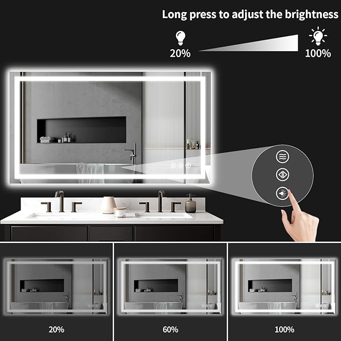 36"x55" LED Bathroom Mirror with Lights, Dimmable，Anti-Fog，Bathroom Vanity Mirror for Wall, Backlit + Front Lit, Memory Function, Shatter-Proof，Tempered Glass
