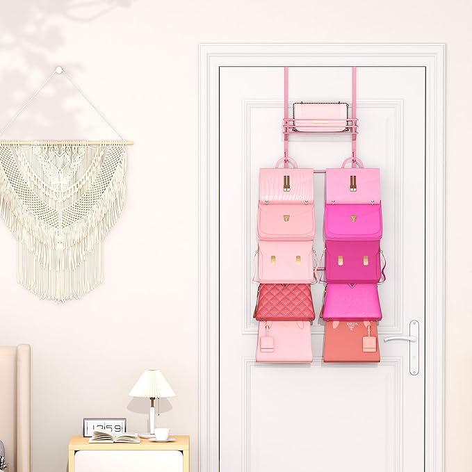 SWTYMIKI Over The Door Purse Organizer - Wall Mounted Handbag Organizer with 10 Hooks and Metal Basket, Hanging Purse Storage Rack Holds up to 10 Bags, Bag Rack Can Use As 1/2 Part, for Door, Closet