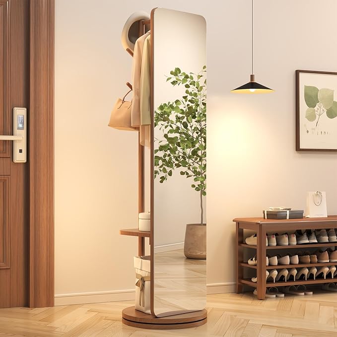 70"x19"Full Length Mirror with Stand,Coat Rack with Mirror,Solid Wood Floor Mirror,Swivel Mirrorfor Bedroom, Living Room, Cloakroom