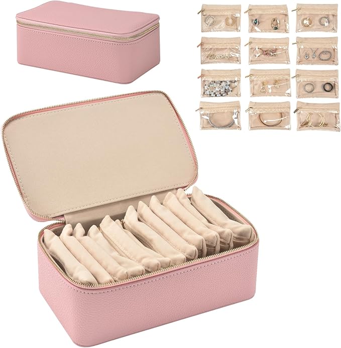 Travel Jewelry Box,Jewelry Travel Organizer for Women Girl,Travel Jewelry Case with 12pcs Velvet Jewelry Pouches for Necklaces Rings Earrings Sorting Storage(Pink, 12)