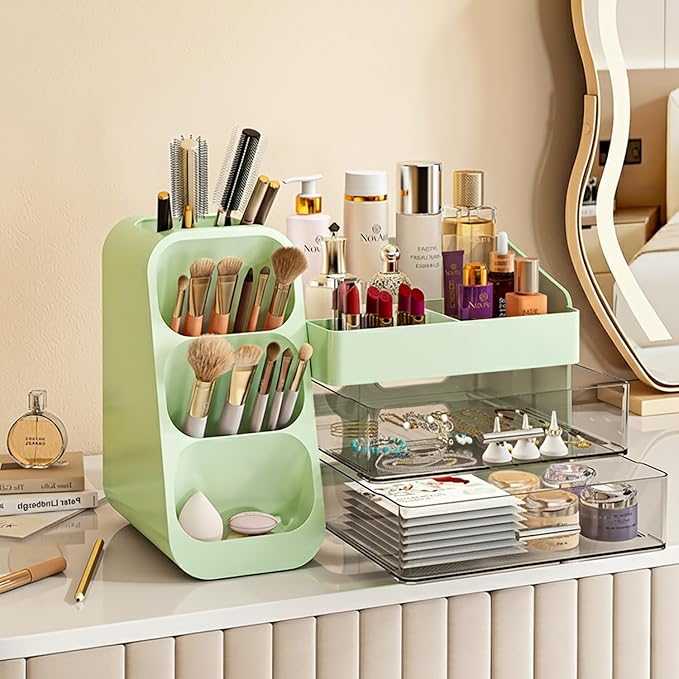 Makeup Organizer with Drawers,Large Capacity Countertop Organizer for Vanity,Bathroom and Bedroom Desk Cosmetics Organizer,Easy To Storage Skincare,Brushes,Lotions,Lipstick (Green)
