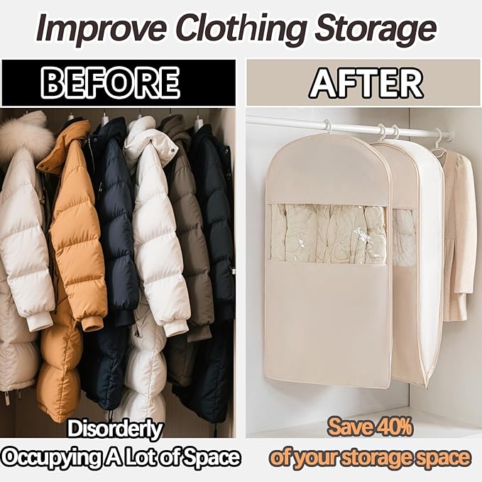 Space Saving Hanging Garment Bag with Self Compression Zipper，Dust Cover Clothes Bags for Down Coat,Dress,Suit，Closet Storage Organizer for Home Travel Use(Beige, XL)