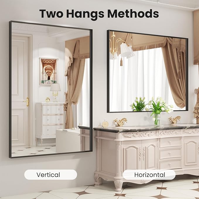 LOAAO Black Bathroom Mirror 48"X40" for Wall, Rectangle Bathroom Vanity Mirror, Tempered Glass, Hangs Vertically or Horizontally, Easy to Install, Modern Design