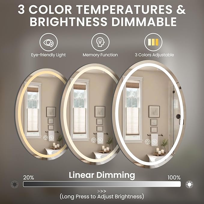28''x20'' Oval LED Bathroom Mirror with Lights, Anti-Fog, 3 Colors Temperature & Dimmable, Lighted Mirrors for Bathroom Wall with Memory Function