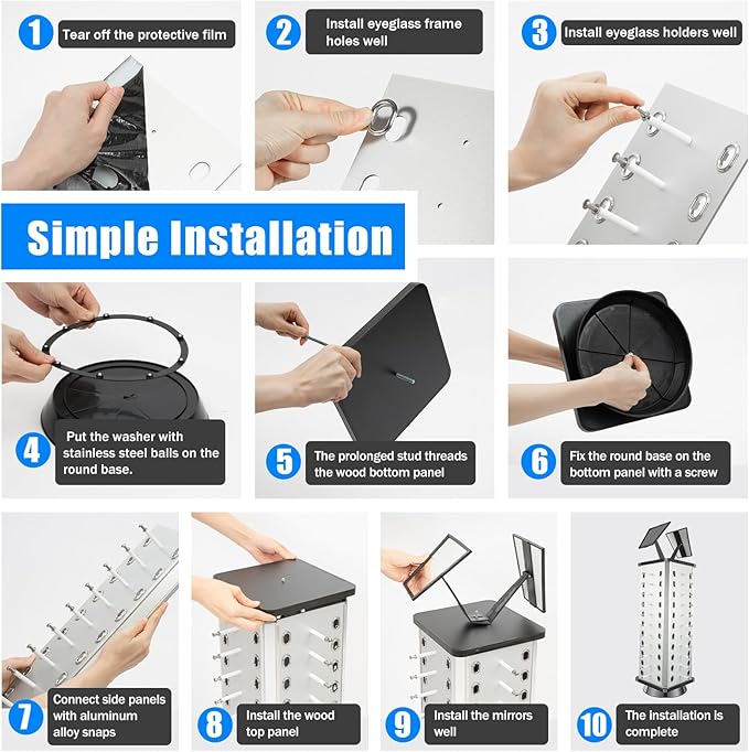 40 Pairs Sunglasses Holder Organizer, Rotating Glasses Display Stand Metal Sunglasses Display Stand With Mirror, Rotating Eyeglasses Holder Stand Countertop Sunglasses Rack (Square)