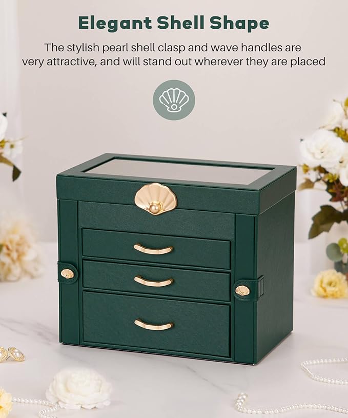 Jewelry Box with 3 Drawers: Display Organizer for Earrings Necklaces - Gifts for Girls Women (Forest Green)