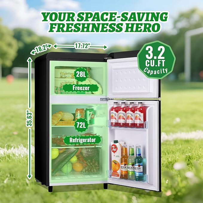Small Refrigerator with Top Freezer 100Liter Retro Mini Fridge with Adjustable Glass Shelving, 7 Temperature Control and LED Lighting, Retro Black