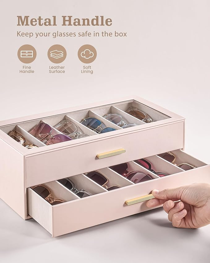 Lolalet Beige Sunglasses Storage Box for Women, Eyewear Eye Glass Organizer with Clear Top Lid Display Holder Case