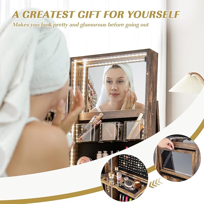 GOFLAME 360° Rotating Jewelry Cabinet with Full-Length Mirror, Standing Jewelry Armoire with 3-Color LED Light and Back Storage Shelf, Lockable Jewelry Organizer for Bedroom Cloakroom, Rustic Brown