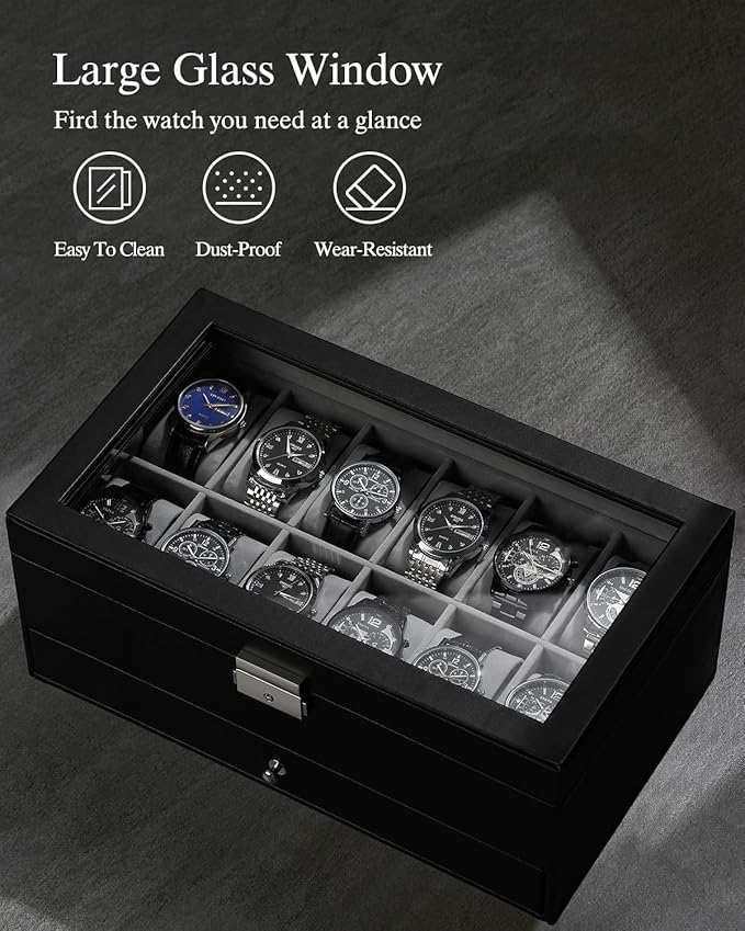 GUKA Watch Box 12 Slot Watch Display Organizer Leather Jewelry Case Drawer Glass Birthday for Men Women, Child Husband Dad