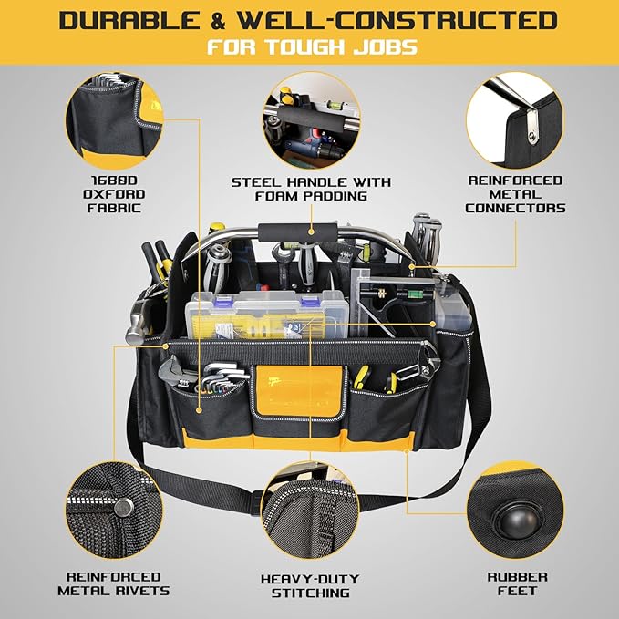 18 Inch Open Top Tool Bag, Tool Bags for Men with 30 Pockets, 1680D Waterproof Fabric, Foldable Electrician Tool Bag with Rotating Handle, Reflective Tool Organizer for Men, Yellow
