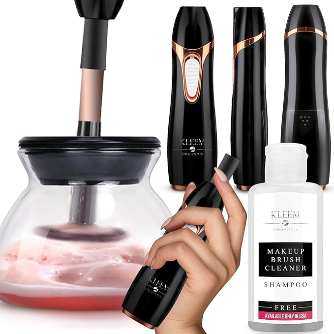 Kleem Electric Makeup Brush Cleaner Machine | Automatic Makeup Brush Washer & Spinning Dryer with Free Cleaner Shampoo | Dual-Fiber Bristles for Eyeshadow & Foundation | Made in USA | Black