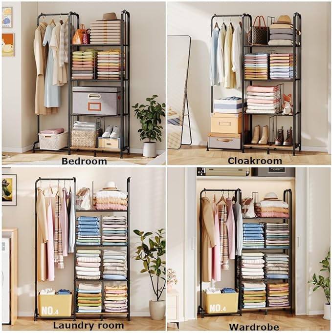 4 Tier Hanging Closet Organizer Separable Hanging Closet Shelves with 4 Adjustable Dividers Freestanding Wardrobe Closet Organizer for Clothing Sweaters Shoes Handbags Clutches Accessories