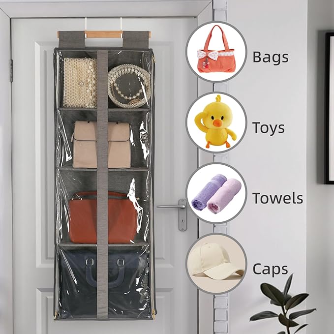 Clear Hanging Handbag Storage Organizer with Zippers, Door Purse Organizer Space Saving 4 Pockets for Closet Bedroom Living Room (Brown)