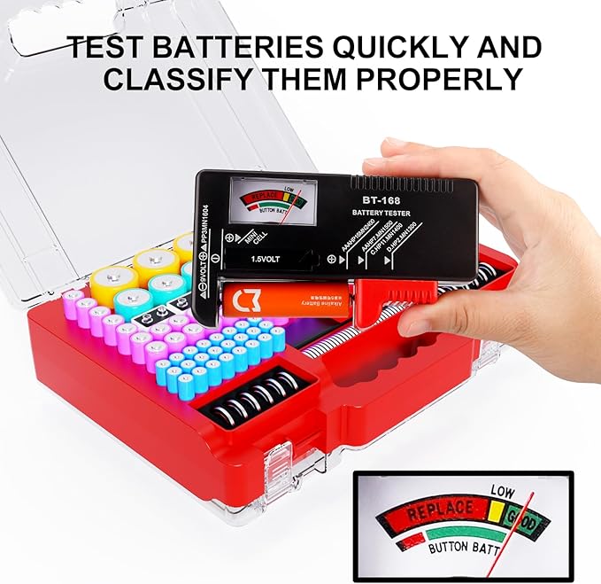 Battery Organizer Storage Case with Tester, Ultra-Large 265+ Double-Sided Batteries Container with Handle, Holds AA AAA 4A 23A C D Cell 3V 9V Lithium CR3 4LR44 CR123A 18650 (Red)