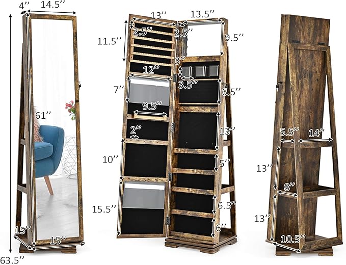CHARMAID 360° Swivel Jewelry Armoire with Higher Full Length Mirror, Standing Lockable Jewelry Cabinet Organizer, Large Storage Capacity, Inside Makeup Mirror, Back Storage Shelves (Rustic Brown)