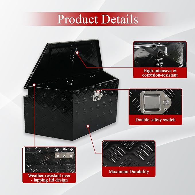 34''Inch Aluminum Trailer Tongue Tool Box Truck Bed Toolbox Truck Trailer Chest Box Underbody Storage Organizer Waterproof Square Storage Organizer w/Lock & Keys Black(‎34" Lx14.5 Wx15 H)