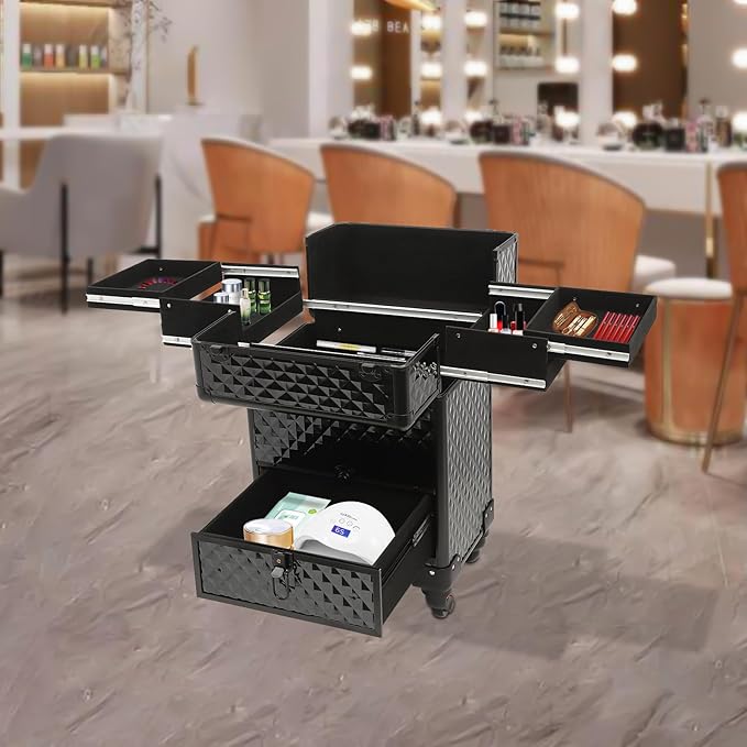 Makeup Rolling Case, Professional Rolling Nail Case Wheeled Manicure Storage Case Polish Organizer w/ Universal Wheels, Portable Adjustable Studio Travel Cart for Nail Technicians Hairstylist (Black)