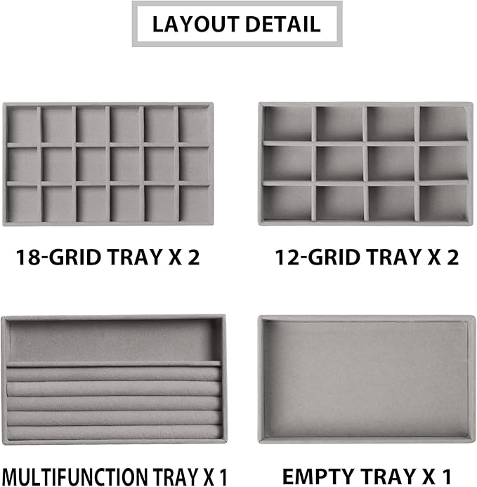 Frebeauty Jewelry Organizer Tray,Stackable Velvet Jewelry Trays,Drawer Inserts Earring Organizer For Women Jewelry Storage Display Case for Rings Stud Necklaces,Set of 6(Grey)