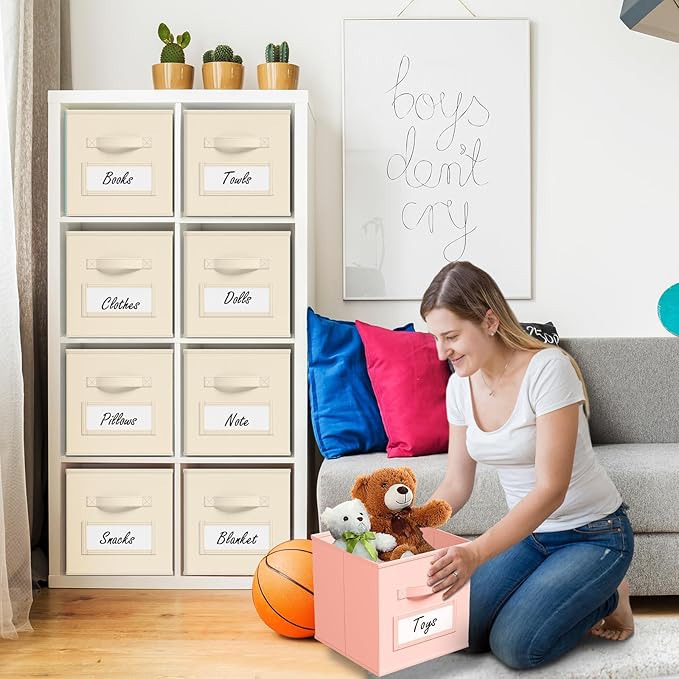 10 Pcs Fabric Storage Cubes with Labels 11 Inch Collapsible Cube Organizer Baskets with Window Cards for Shelf Nursery Clothes Book Toys Storage Bin(Beige)