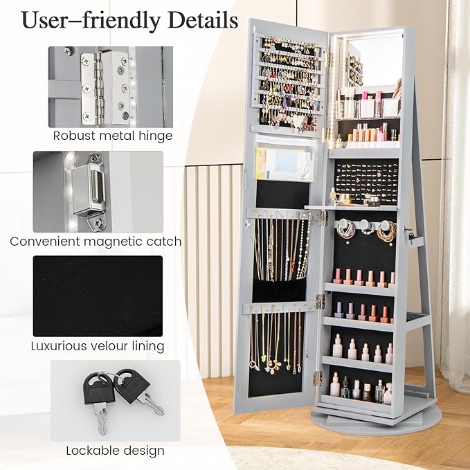 Mirror Jewelry Cabinet Standing with Full Length Mirror, 360° Swivel Jewelry Armoire with 3-Color LED Lights & Foldable Makeup Shelf, Lockable Organizer for Women, Space-Saving (Gray)