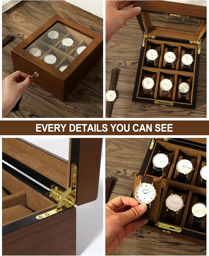 Uten Watch Box with 6 Slots, Watch Case Organizer with Golden Lock and Key, Wooden Watch Display Storage Box with Removable Watch Cushions, Velvet Lining, Metal Clasp