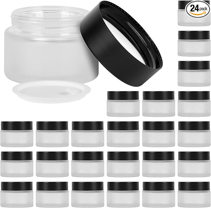 1 oz Glass Jars with Lids, Empty Cosmetic Jars, Airtight Containers with Inner Seal for Creams, Balms, Ointments, DIY Crafts, Salves (24 Pack, Clear Frosted)