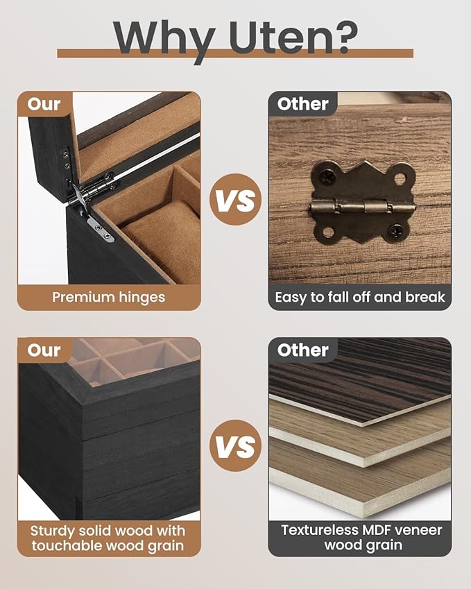 Uten 8-Slot Watch Box, 2-Layers Solid Wood Watch Display Case with Glass Lid, Watch Holder Organizer with Soft Pillow and Velvet Lining, Watch and Jewelry Storage Box