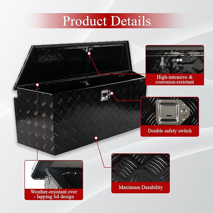 49''Inch Aluminum Trailer Tongue Tool Box Truck Bed Toolbox Truck Trailer Chest Box Underbody Storage Organizer Waterproof Square Storage Organizer w/Lock & Keys Black(‎49" Lx15 Wx18.5 H)