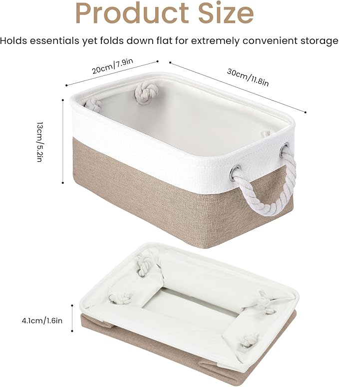 Storage Baskets for Shelves 11.8x7.9x5.2 Inch, Foldable Fabric Storage Bins with Handles, Small Storage Baskets for Organizing Closet, Office, Home Organization (3-Pack, White&Khaki)