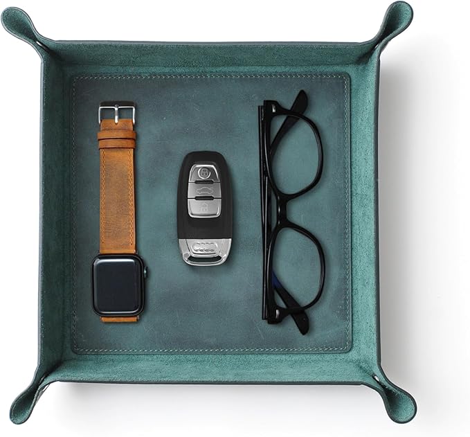 Handmade Leather Catch All Tray, Customizable Handcrafted Genuine Leather Valet Tray and Organizer for Keys, Phones, Jewels, Coins, Square - Medium, Green
