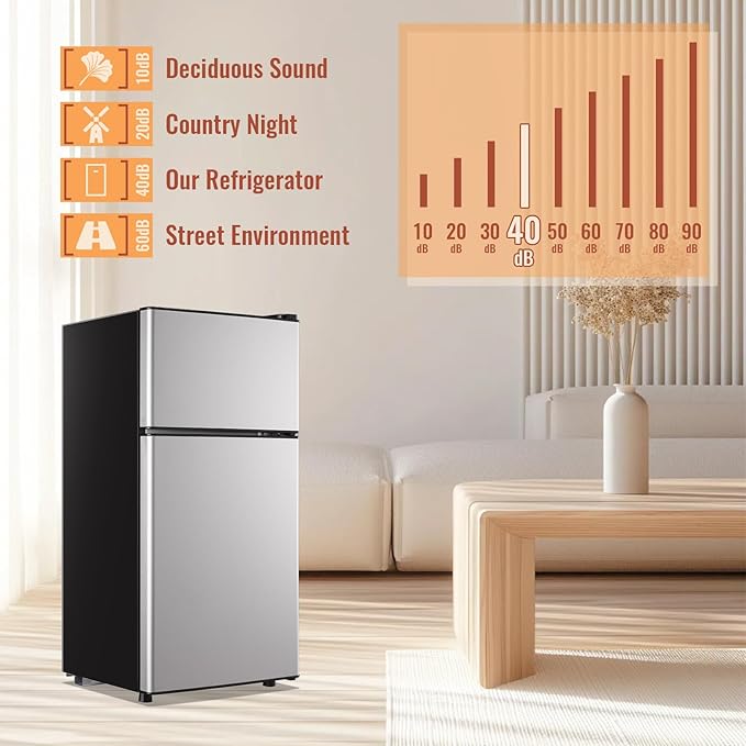 2.4 Cu.ft Mini Fridge with Double Doors Silver Small Refrigerator with Separate Freezer & 7 Adjustable Temperature Control, Tiny Size & Personal Fridge Ideal for Office Apartment Dorm