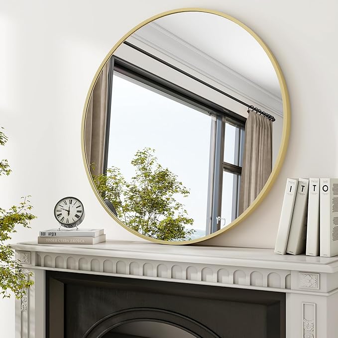 36 Inch Round Mirror - Circle Mirrors for Bathroom, Entryway and Living Room Wall Decor, Modern Hanging Vanity Mirror, Matte Gold Circle Decorative Wall Mirror