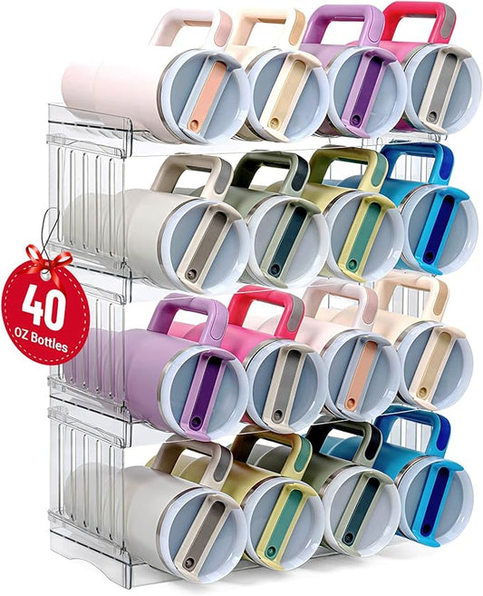 Water Bottle Organizer for Full Stanley 40 oz Tumbler with Handle, Cabinet Kitchen Pantry Organizers and Storage for Owala Stanley Cup Accessories Holder, Patented Stackable Tumbler Organizer Gifts