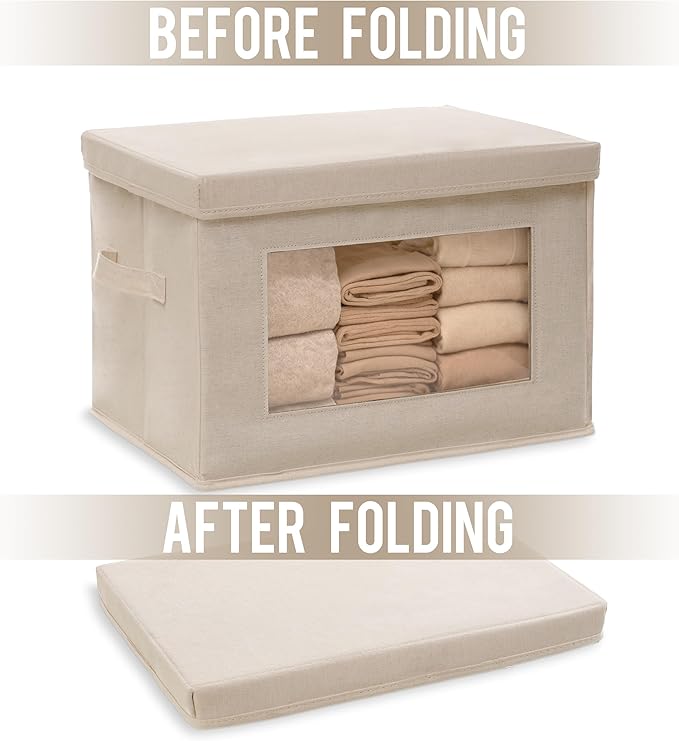 3-Pack Storage Bins with Lids, Fabric Foldable Storage Bins with Soft Cord Handles, Canvas Storage Bin with Lid for Organizing Clothes, Blankets and Books, Beige