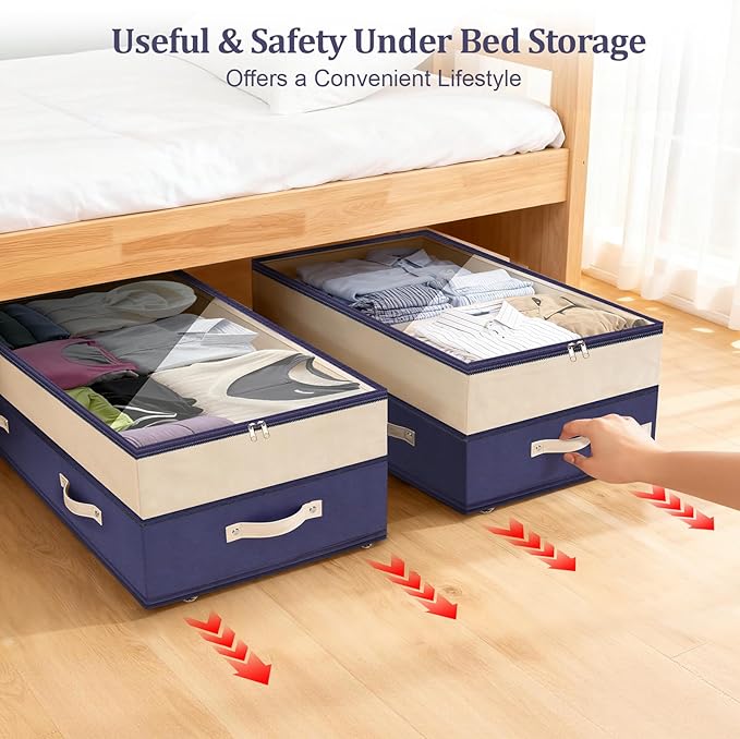 Dolicer 4 Pack Under Bed Storage with Wheels, 6in-10in Height Adjustable Underbed Storage Containers, 92L XXXL Under Bed Drawers Rolling Bin with Clear Lids for Dorm Shoes Clothes Organizers(Blue)