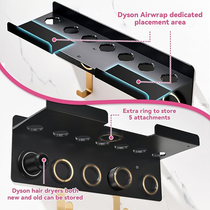 Wall Mount Holder for Dyson Airwrap Styler & HD16 Hair Dryer, 2-in-1 Curling Iron Organizer with Hooks, Magnetic Storage Rack for Accessories Nozzles Barrels Brushes