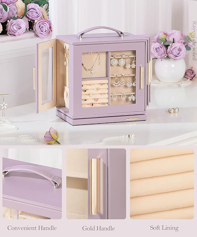 Homde Valentine's Day gifts Jewelry Box 360° Rotating, Necklace Earring Organizer with Transparent Window, Mirror, 7 Drawers, Large Ring Display Storage Case for Girls Women (Grey Purple)