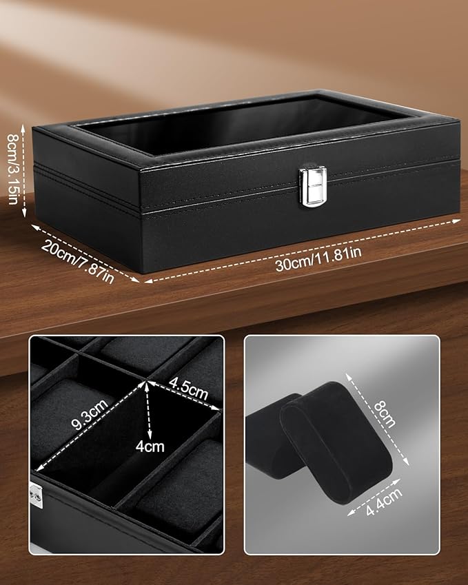 Uten Watch Boxes 12 Slots, Watch Box for Men, Watch Display Case, Watch Storage Box with Removable Cushion, Metal Clasp, PU Leather, Black