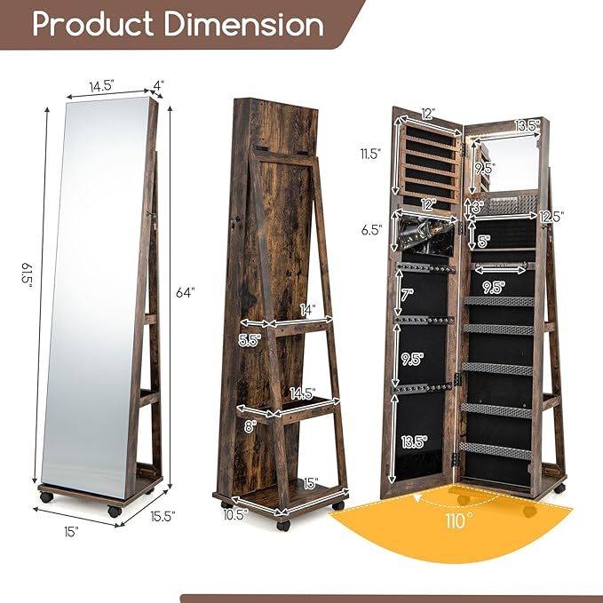 GOFLAME Jewelry Cabinet with Full Length Mirror, Lockable Jewelry Storage Organizer with Wheels, 3-Color LED Lights, Inner Mirror, Freestanding Jewelry Armoire with Rear Storage Shelves, Rustic Brown