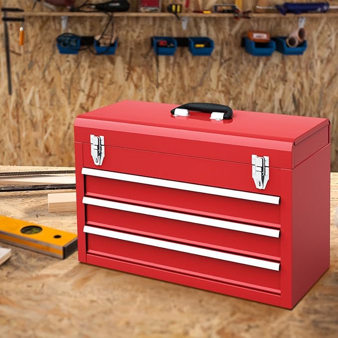Portable Tool Box, 3-Drawer Tool Chest with Carry Handle, 2 Metal Latches & Liner, Metal Tool Box Storage Box Organizer for Garage, Warehouse & Repair Shop (Red)