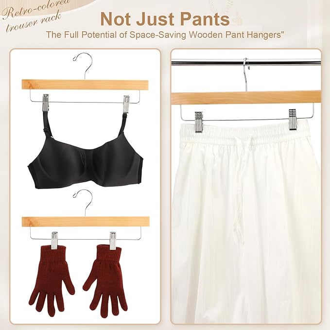 Sieral 30 Pack Wooden Pants Hangers with Clips Solid Wood Skirt Suit Coat Hangers with 2 Adjustable Clips 360 Degree Swivel Hook for Trousers Jeans Slacks Shorts Bottom, 14 Inch(Natural,Stylish)