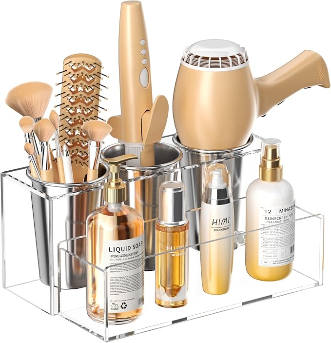 HIIMIEI Hair Tool Organizer, Acrylic Hair Dryer Holder, Bathroom Countertop Blow Dryer Stand Storage, Vanity Organizer for Accessories, Makeup, Flat Irons, Curling Irons, and Toiletries (Clear)